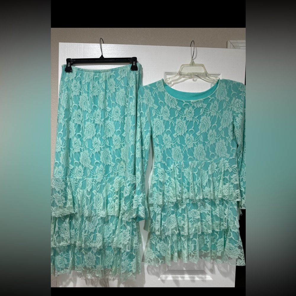 Custom made mint green lace outfit.